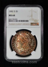 NGC MS64 1882-S Morgan Dollar - Fantastic toning, unique bloody eye Morgan!!