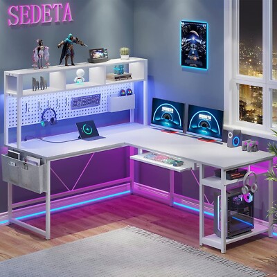 L Shaped Gaming Desk, Reversible 94.5'' Office Desk with Power Outlet &Led Light