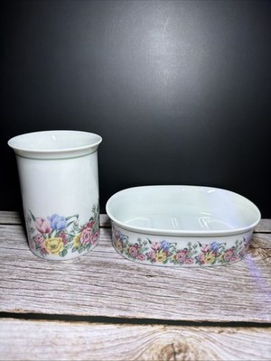 Vtg 1988 Bill Blass Floral Festival Soap Dish & Tumbler Cup Set Japan