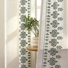 Boho Olive Green Embroidered Curtains 96" Long, 2 Panel Set, Light Filtering