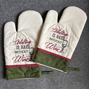 Novelty Funny Kitchen Wine Oven Mitts "Adulting Is Hard Without Wine”