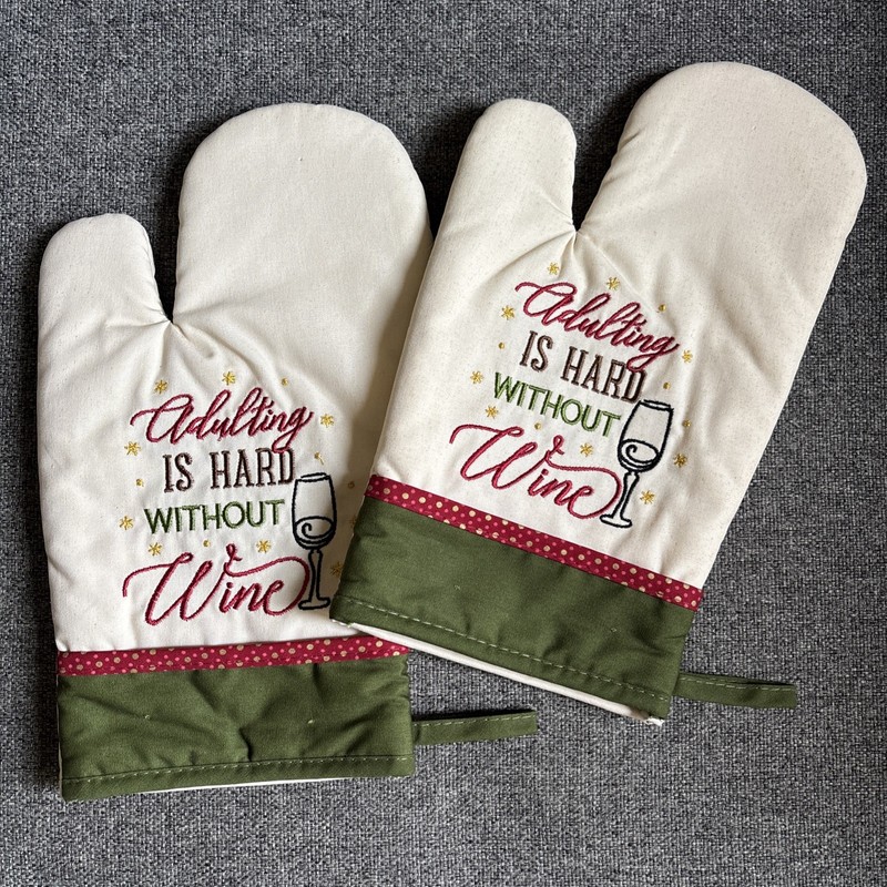 Novelty Funny Kitchen Wine Oven Mitts "Adulting Is Hard Without Wine”