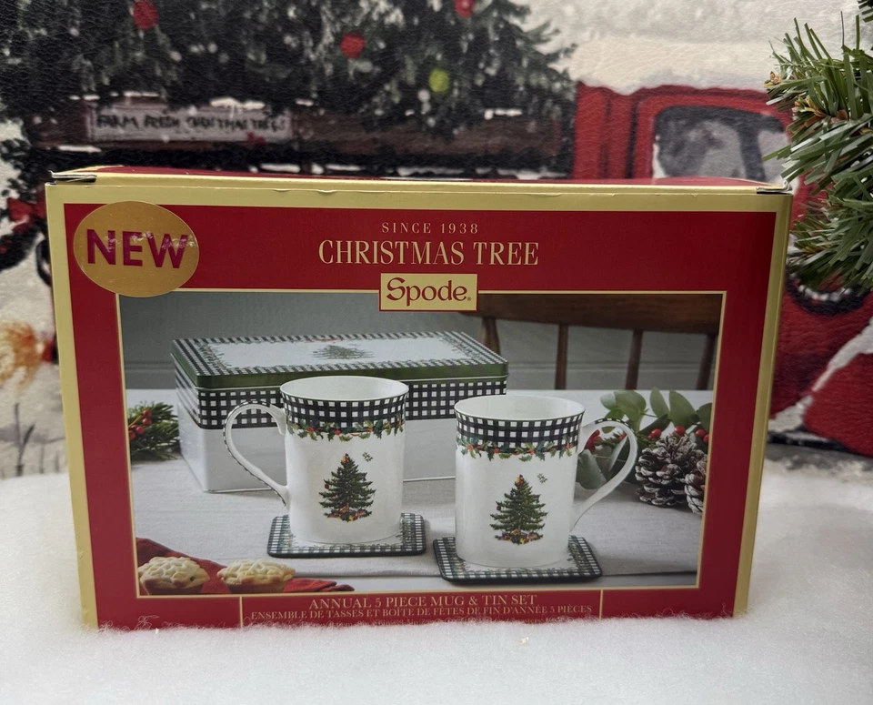 Spode Christmas Tree 5-Piece Mug & Tin Gift Set-Fine China Mugs & Cork Coasters - Image 3 of 4
