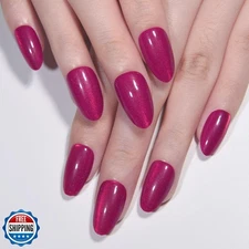 evpct Fuchsia Red Cat Eye Short Press on Nails Almond, Petite Sho