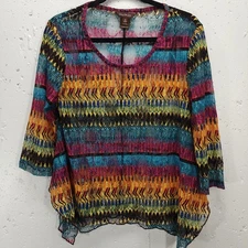 Multiples Womens Small Top Colorful Bohemian Bright Sheer Long Sleeve Shirt