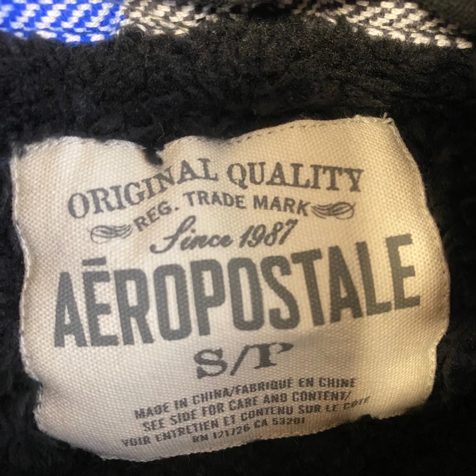 AEROPOSTALE Plaid Flannel Hoodie Shirt Jacket Blue Black S/P Sherpa Lined - Image 4 of 4