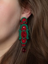 Unique Handmade Red and Emerald Soutache Earrings Statement Jewellery