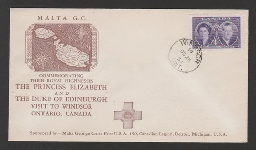 Canada 1951 Royal Visit FDC unusual Malta George Cross Detroit cachet