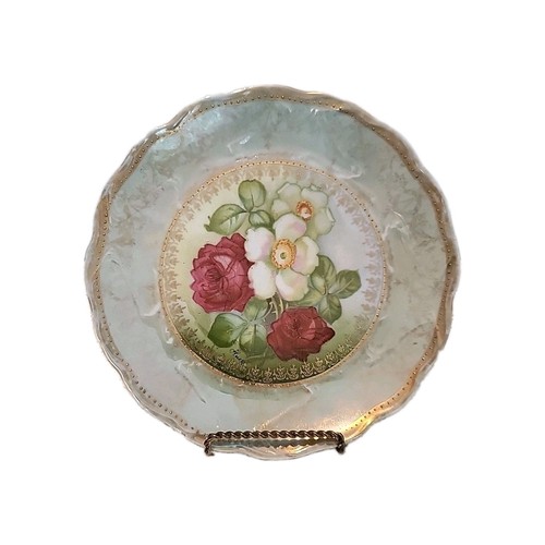 Vtg German Small Porcelain Floral Plate Roses Crimped Edge Signed Plate Wall