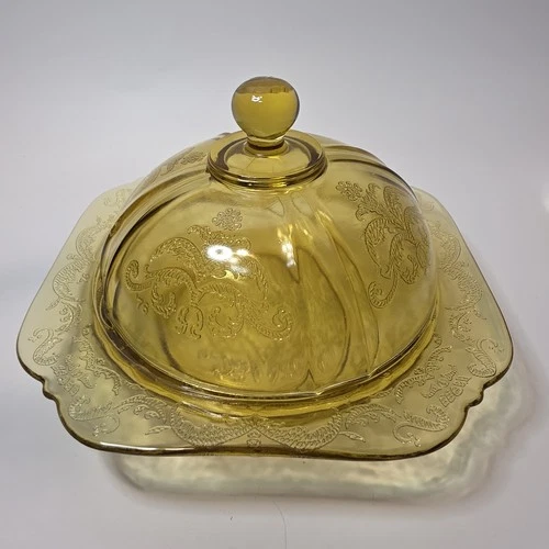 Vintage Amber Glass Covered Butter Dish Domed Lid Square Tray Scroll Pattern