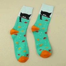 Cartoon Cat Fish Pattern Crew Socks, O/S Unisex 1 Pair