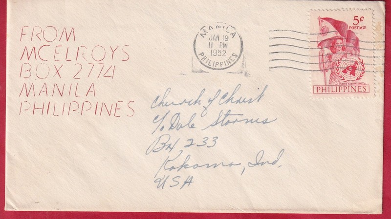 Philippines 1952 cover Mcelroys Manila to Church of Christ Kokomo IN