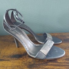 Gianni Bini 7.5 Silver Leather Stiletto Sandals Ankle Strap Embellished Toe Band