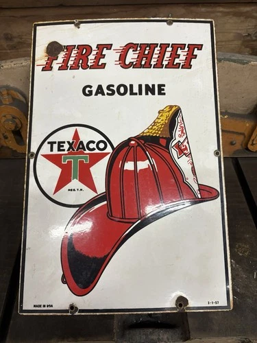 Orig Vintage Texaco Fire Chief Porcelain Pump Plate Gilbarco Tokhiem 1957