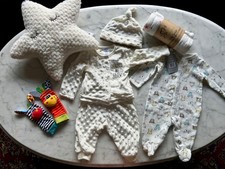 Lot 0-3 Month Baby Clothing, Puppet Rattle, Swaddle, Star Pillow