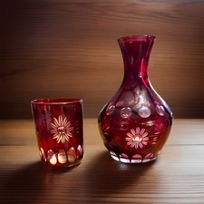 Ruby Red Flash Glass Decanter Carafe Pitcher Beverage Glass Etched Sunburst