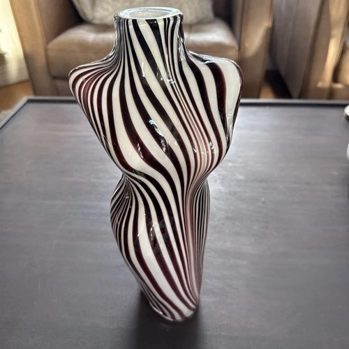 Vintage Murano Style Glass White And Brown  Zebra Stripe Female Torso Vase  14"