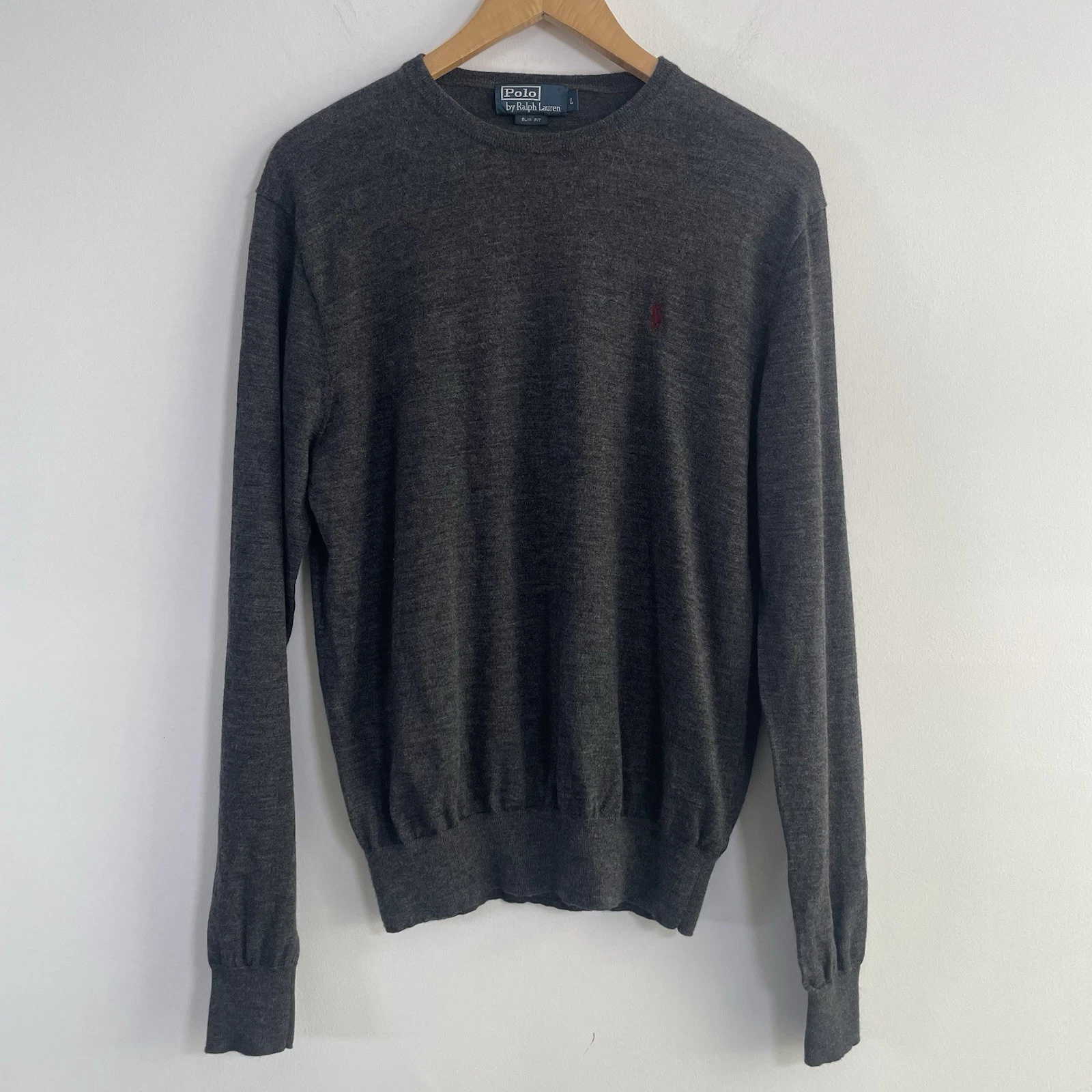 Polo Ralph Lauren Jumper Pullover Sz L 100% Merino Wool Slim fit Dark Grey Vtg