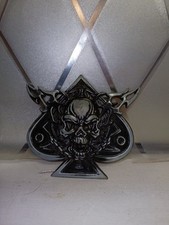 Large Skull Motorcycle Belt Buckle Harley 4"X3' Black Metal Flames Chain Spade
