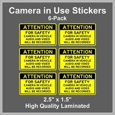 Camera in Car Recording Video 6-Pack Decals Yellow & Black 2.5" x 1.5" for Uber