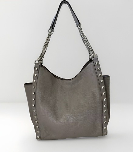 Michael Kors Newbury Silver Studded Gray Pebble Leather Chain Shoulder Bag Tote - Picture 2 of 16