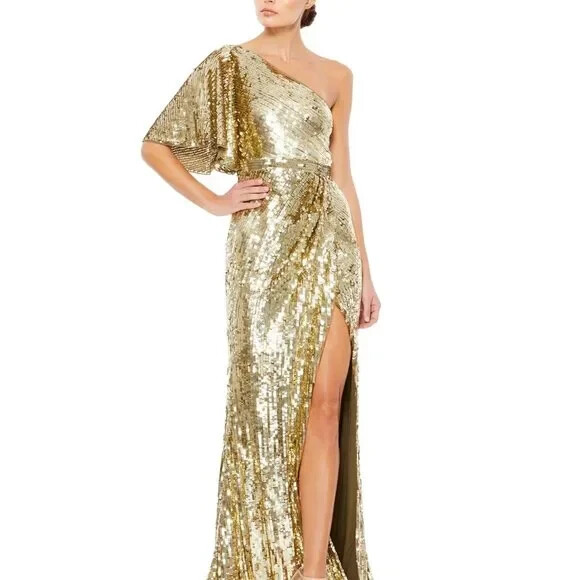 Mac Duggal 93540 Bell Trumpet Sleeve One Shoulder Gold Sequin‎ Column Gown 0