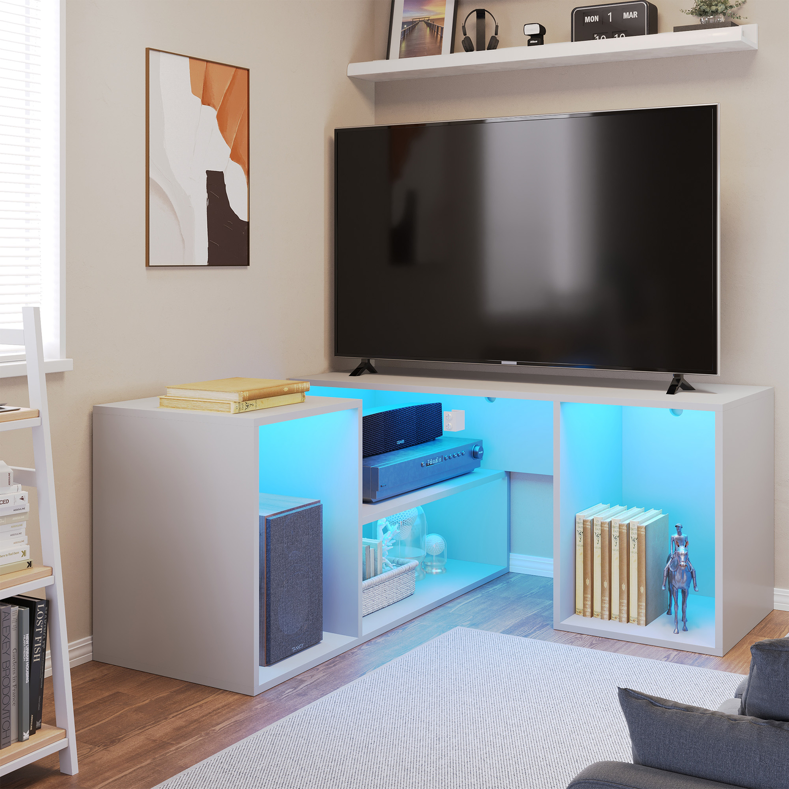 Modern L-Shape TV Stand With LED Lights - Fits 65/70/75 Inch TVs, 6 Shelves, White