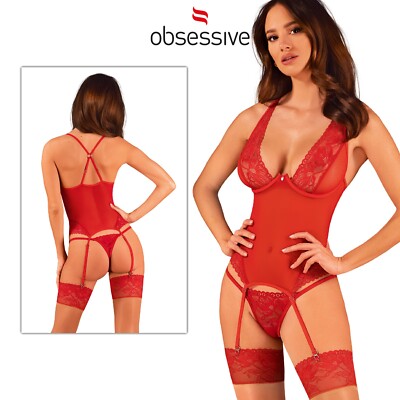 Obsessive Lacelove 2 Piece Thong Corset Set XS/S/M/L/2XL See-Through Corset