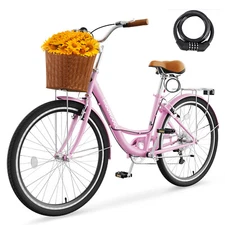 MOONCOOL Womens Bike, 7 Speed Bike for Adults Women with Ratten Basket & Rack