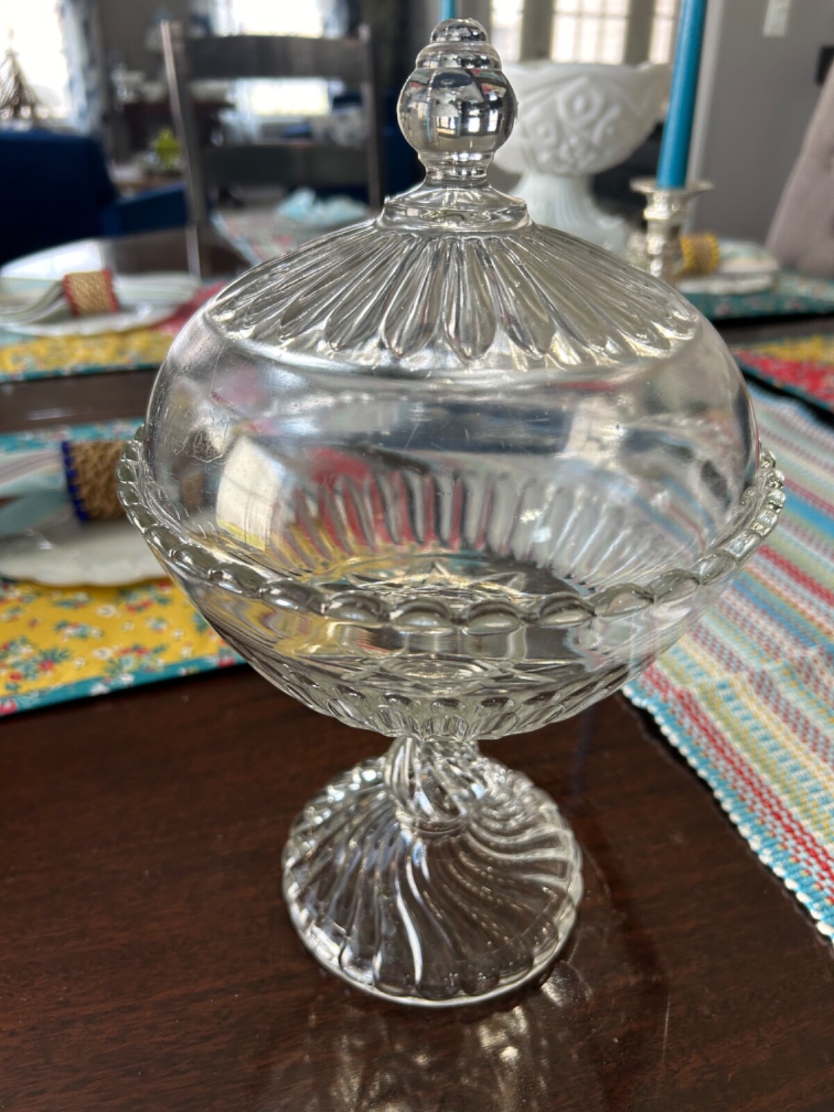 Vintage Crystal Covered Pedestal Candy Compote Dish 12”x7”