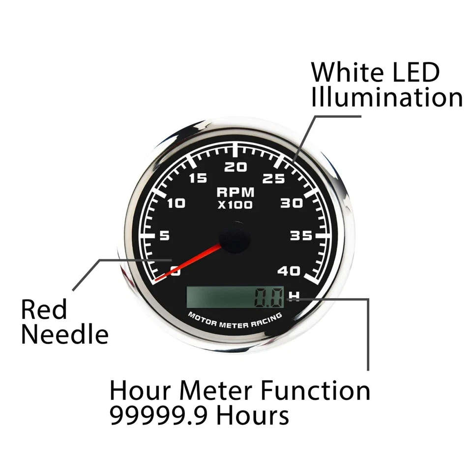 W PRO 85mm Tachometer 4000 RPM Hour Meter Waterproof Car Marine Boat Gas Diesel - Image 4 of 4