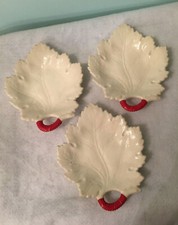 Lot of 3 Vtg Leaf Ceramic Trinket Jewelry Dish Tray Cream with Red Accent Handle