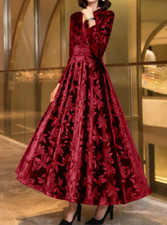 Elegantes Samt-Blumen-V-Ausschnitt Langarmkleid mit Hoher Taille, ausgestellt