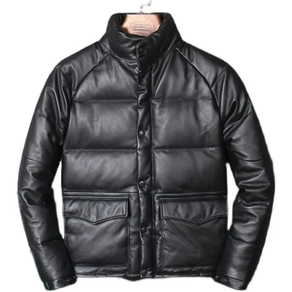 Men's Real Leather Jacket Black Classic Warm Quilted Puffer Winter Coat