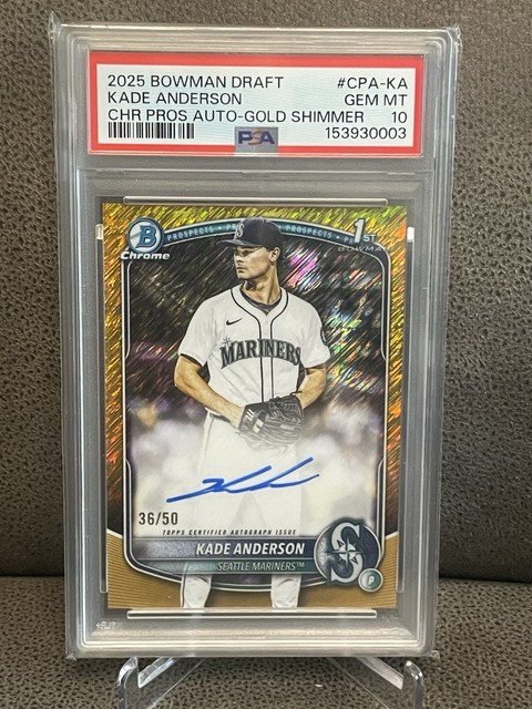 🔥Kade Anderson 2025 Bowman Draft 1st Bowman Gold Shimmer Auto /50 PSA 10