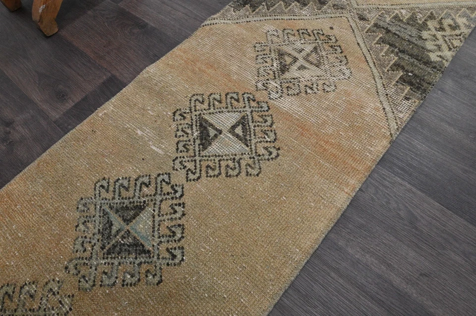 Alfombra de corredor turca vintage 2x9 pies lana anatolia hecha a mano pasillo Oushak BEIGE Foto 3 de 4