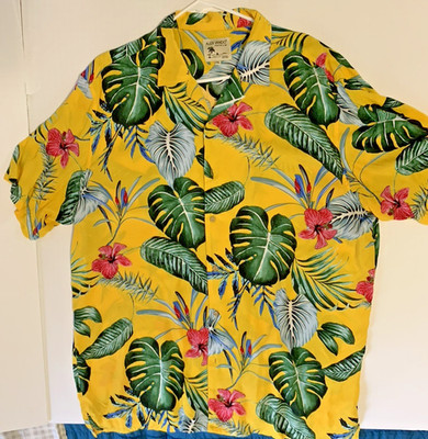 Alex Vando Premium 2XL Shirt Yellow w/Tropical Leaves Button Front Short Sleeve