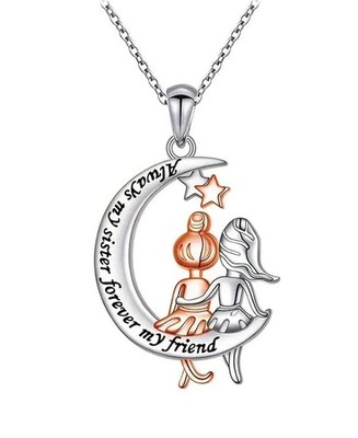 Sisters Engraved Quote Always My Sister Forever My Friend Moon Pendant Necklace