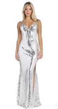 Women's Silver Mesh Sequin Gown Dress V-Neck Lace-Up Back Side Slit Long 13