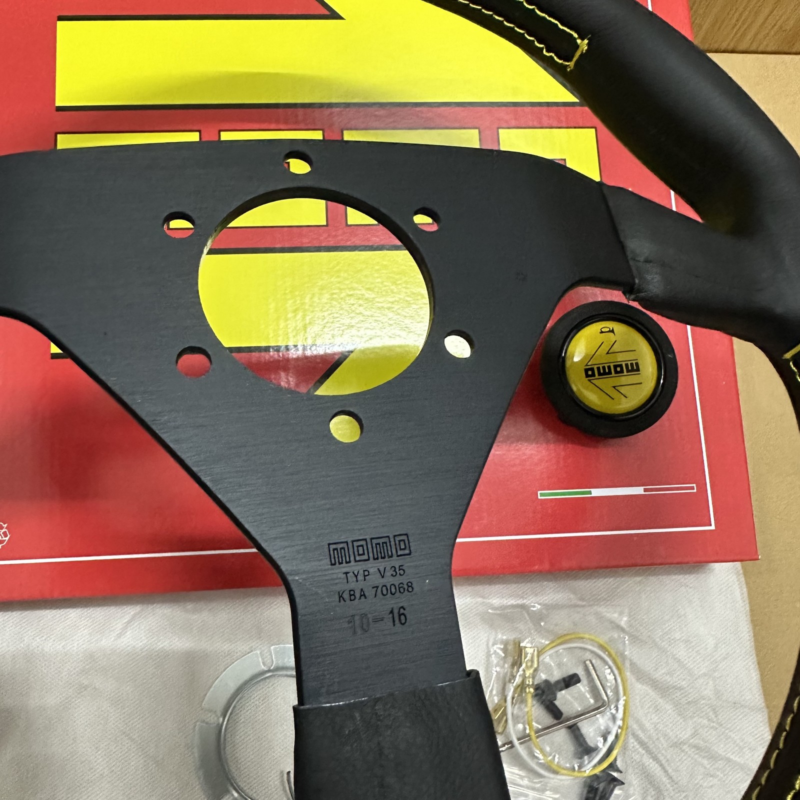 MOMO MonteCarlo Racing 14inch 350mm Leather Sport Steering Wheel Yellow Button