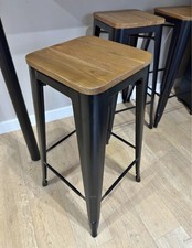 Set of 3 Tolix style industrial bar stools black metal frame and oak finish seat