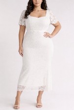 Nordstrom White Lace Square Neck Short Sleeve Column Midi Dress L Zipper