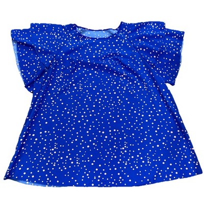 Women s 2XL Blouse Blue w/ Pink Polka Dots Short Ruffled Sleeves