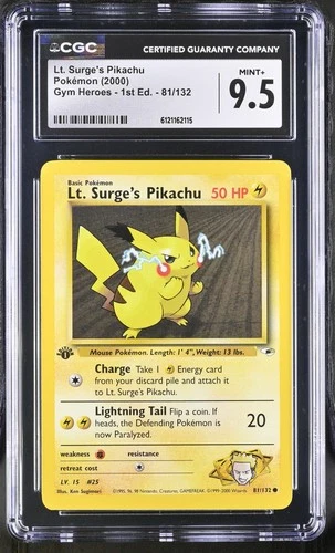 CGC 9.5 MINT+ Lt. Surge's Pikachu Gym Heroes 1st Edition 81/132 Pokemon Card