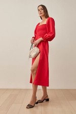 Reformation Gitane Linen Midi Dress Cherry Red Smocked Puff Sleeve NWT | Size S