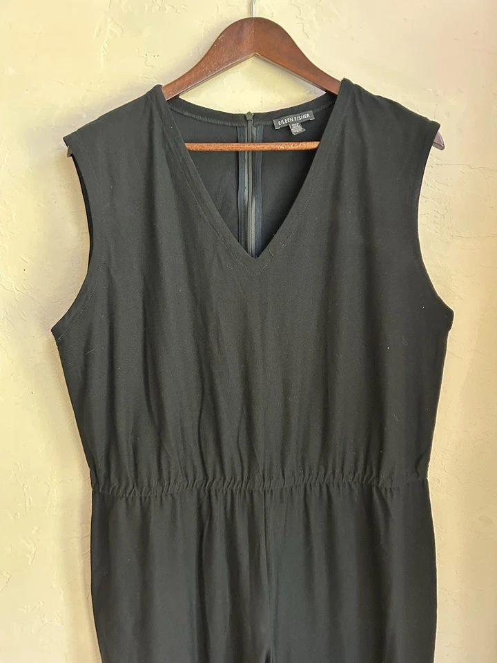 Mono negro Eileen Fisher L pierna ancha corta sin mangas minimalista tranquilo de lujo Foto 3 de 4