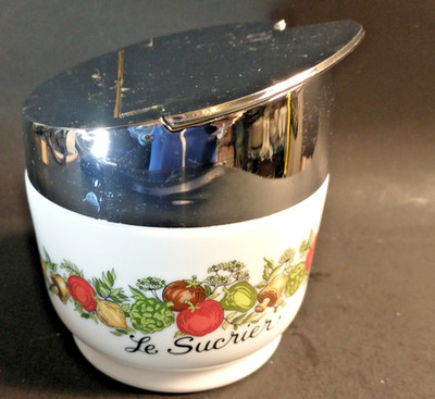 Corelle Spice of Life Gemco Sugar Bowl with scratched plastic flip lid 4.5'' tall