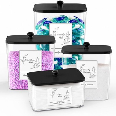 4 Pack Clear Laundry Pods Container & Dryer Sheet Holder, Plastic Square Laun...