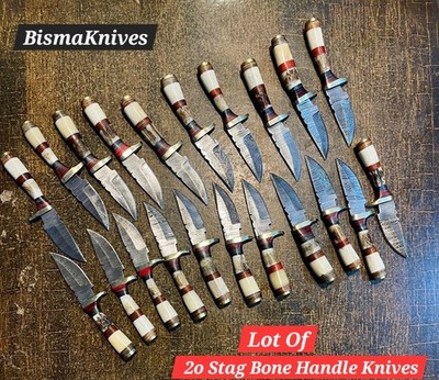 Lot of 20 HANDMADE DAMASCUS STEEL CAMPING HUNTING KNIVES 6inch W Leather Cover