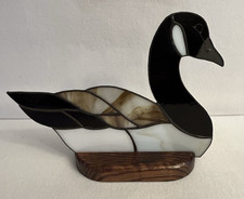Vintage Hand Made Stained Glass Mallard Duck with Wood Stand Base